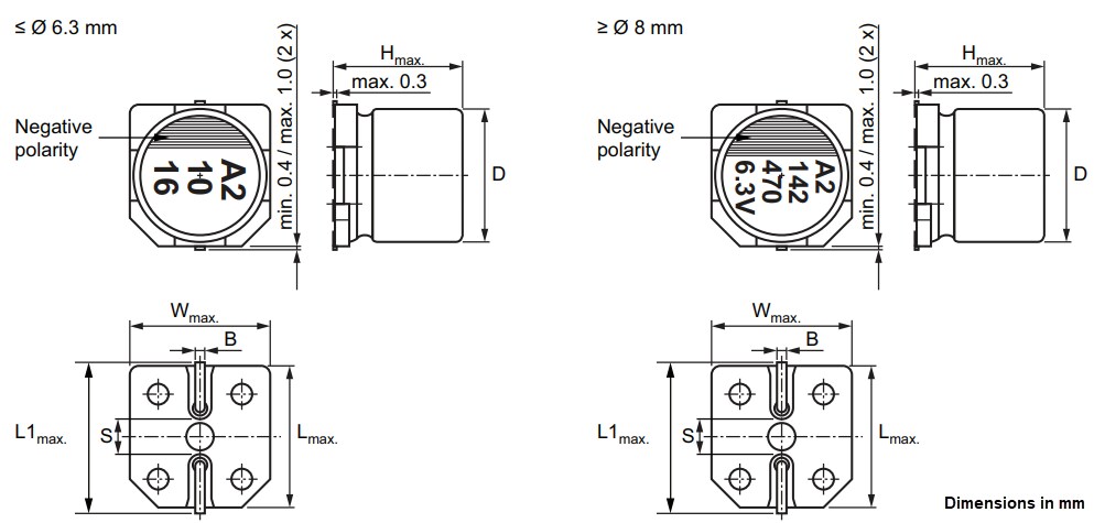 Mechanical Drawing - Vishay / BC Components 142 CVZ Aluminum Electrolytic Capacitors